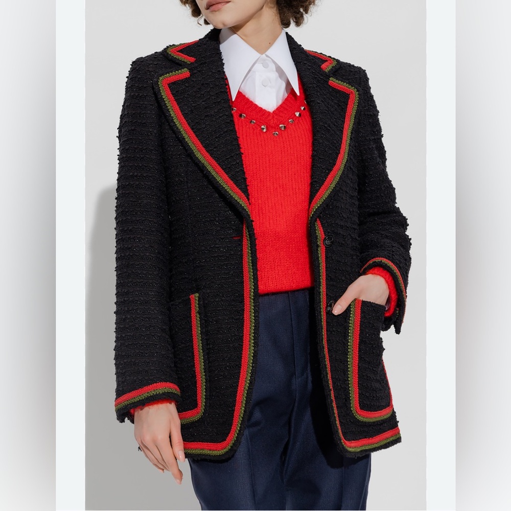 GUCCI NWOT Tweed/Bouclé Web Motif Blazer Jacket with Green & Red Braided Trim